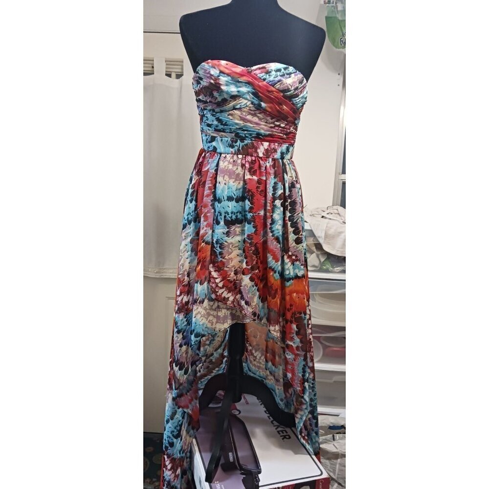 Aidan Mattox Feather Print Highlow Strapless Dress Multicolor Size 0 - Picture 4 of 10